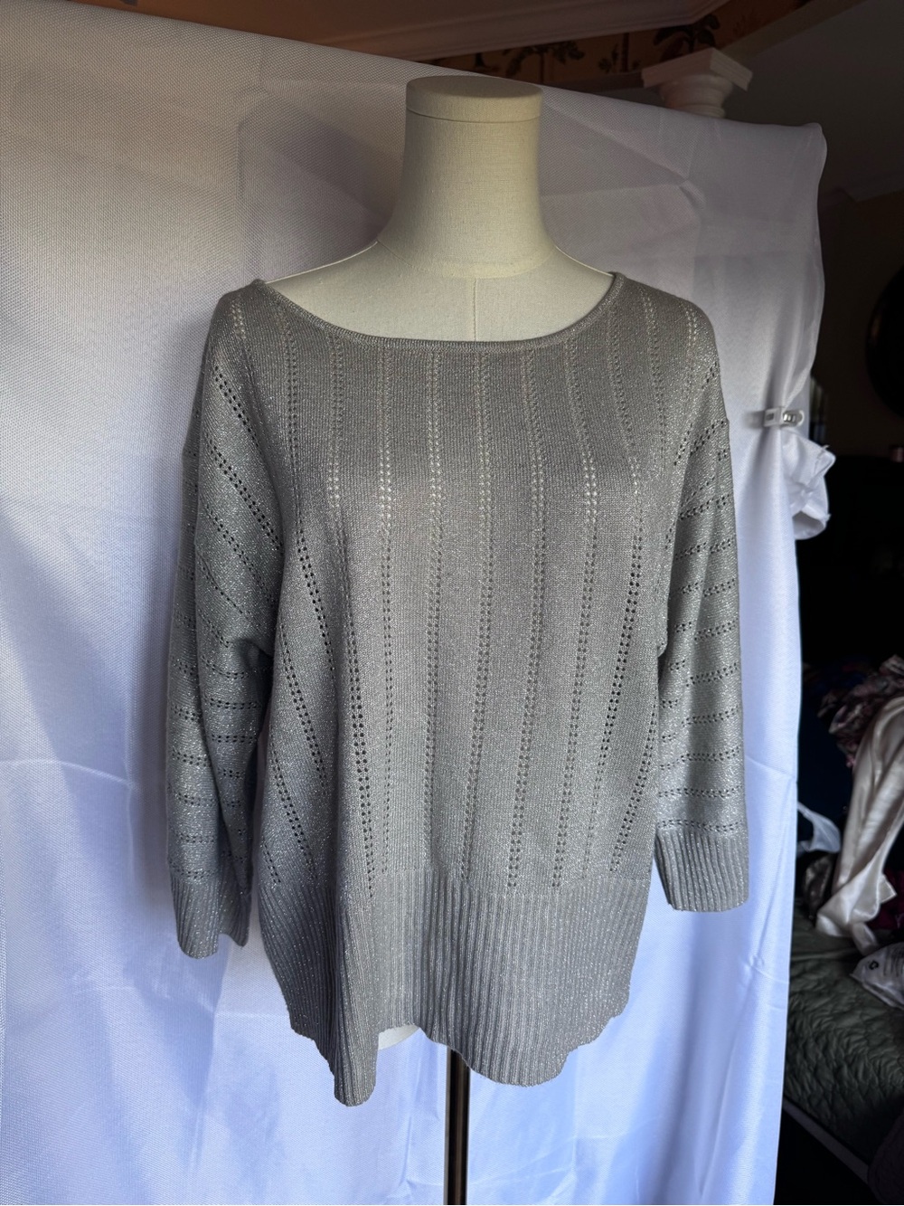 Elementz Silver Metallic Open-Knit Scoop Neck Sweater